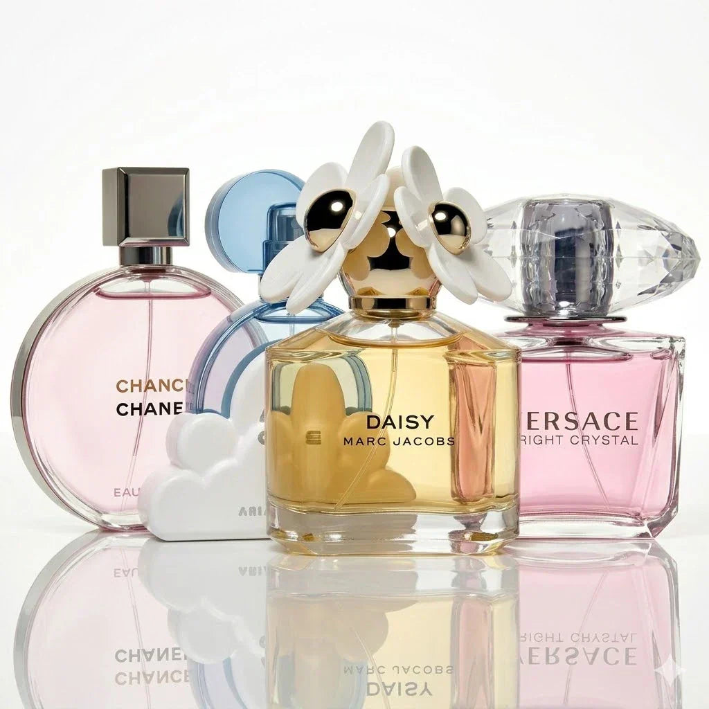 Kit de 4 Perfumes | Chanel Chance Eau Tendre, Ariana Grande Cloud, Marc Jacobs Daisy, Versace Bright Crystal.
